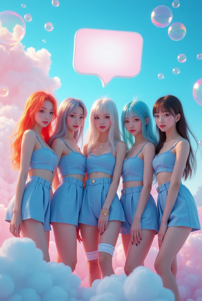 A kpop five member group their in a photoshoot wearing blue cute outfits y2k the theme is bubble their surrounded by bubbles the first member has ginger hair the other silver the third blue and fourth brown and fifth black their all really skinny and a text bubble is written over them