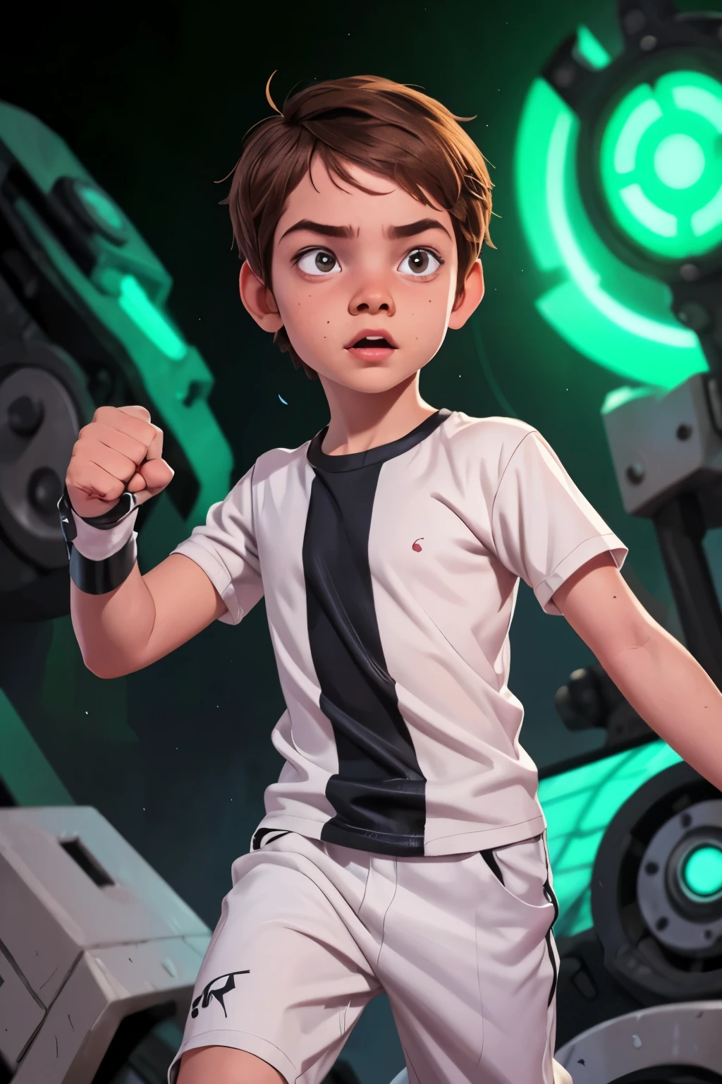 Movie poster, Ben 10 ((A child, 4yo ))), ((wearing a white outfit with black stripe in the center, showing fist. ((Machine on arm)) . Action facial expression )) . highy detailed, face detailed, realisitic, cinematic lighting, studio quality, proffesional, face detailed, intrikate, bright coloured. ((abstract lighting background)).