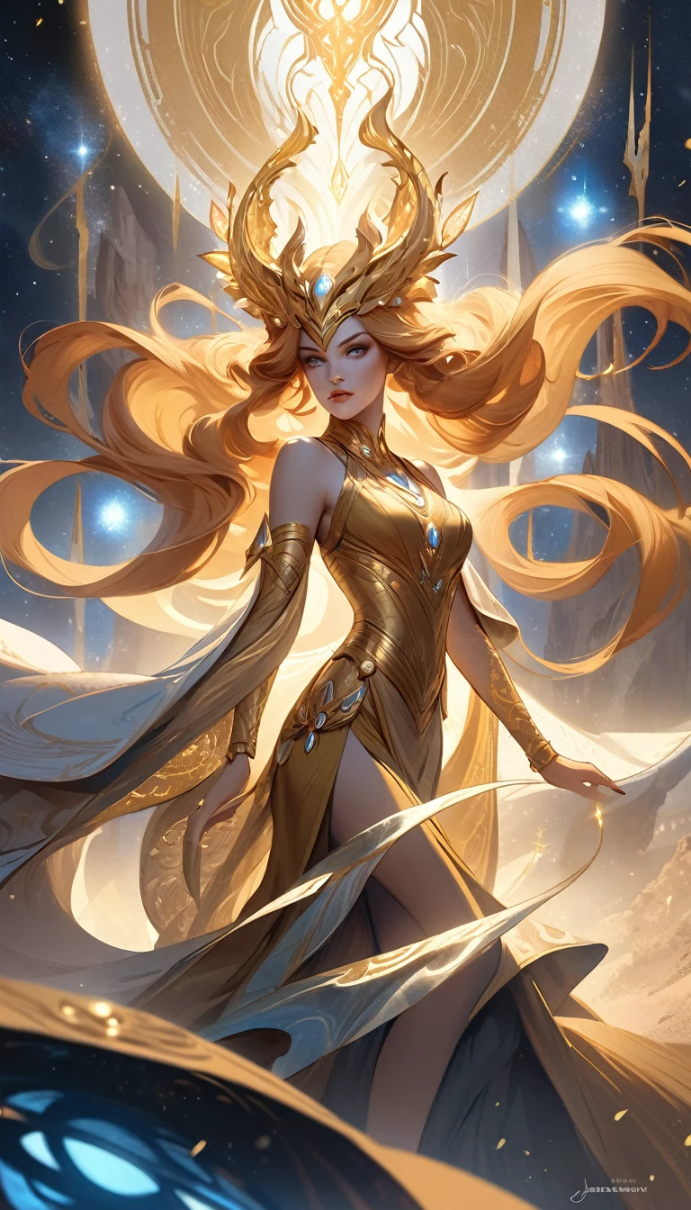 (A beautiful cinematic ornamented female sand goddess, golden dress, glow golden tattoo), (galactic Shaman with Quantum Energy fantasy), fantasy magic, long hairstyle, dark light night, intricate, ethereal, sharp focus, illustration, highly detailed, digital painting, concept art, matte, (art by WLOP), (by Justin Gerard and Jason Edmiston: 1.5), (by Greg Rutkowski: 0.4), (by Alphonse Mucha: 0.4), masterpiece