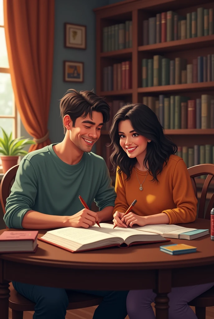 um casal, happy, Tall thin man, chubby woman, writing a book together in your home library. PICTURE REALISTIC.