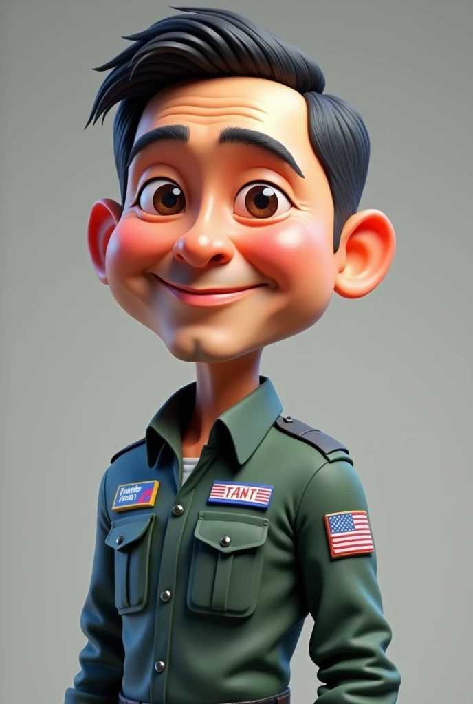 an indonesia man, javanese, on his 40, calm face, typical family man, wear top gun jet fighter uniform,his name tanto written on left name tag, favourite trans written on right, big head, 3d, short hair, portrait. grey background, 3d cartoon, caricature
