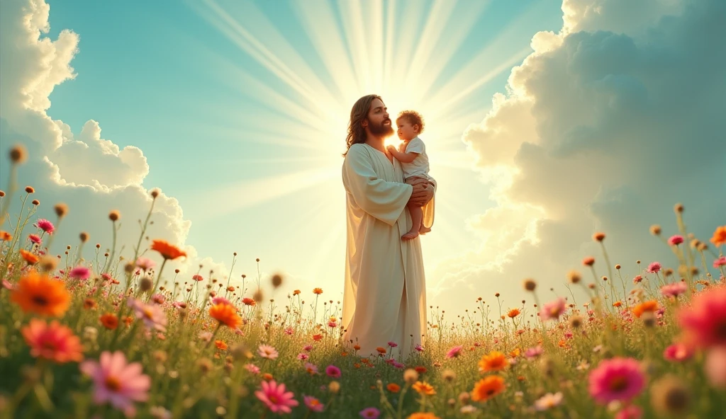 (photorealism:1.2), Jesus glowing in the middle of a vibrant field of flowers, holding a small child, clear blue sky with moving clouds above, ethereal, serene atmosphere, soft lighting, highly detailed, cinematic, masterpiece, 8k resolution