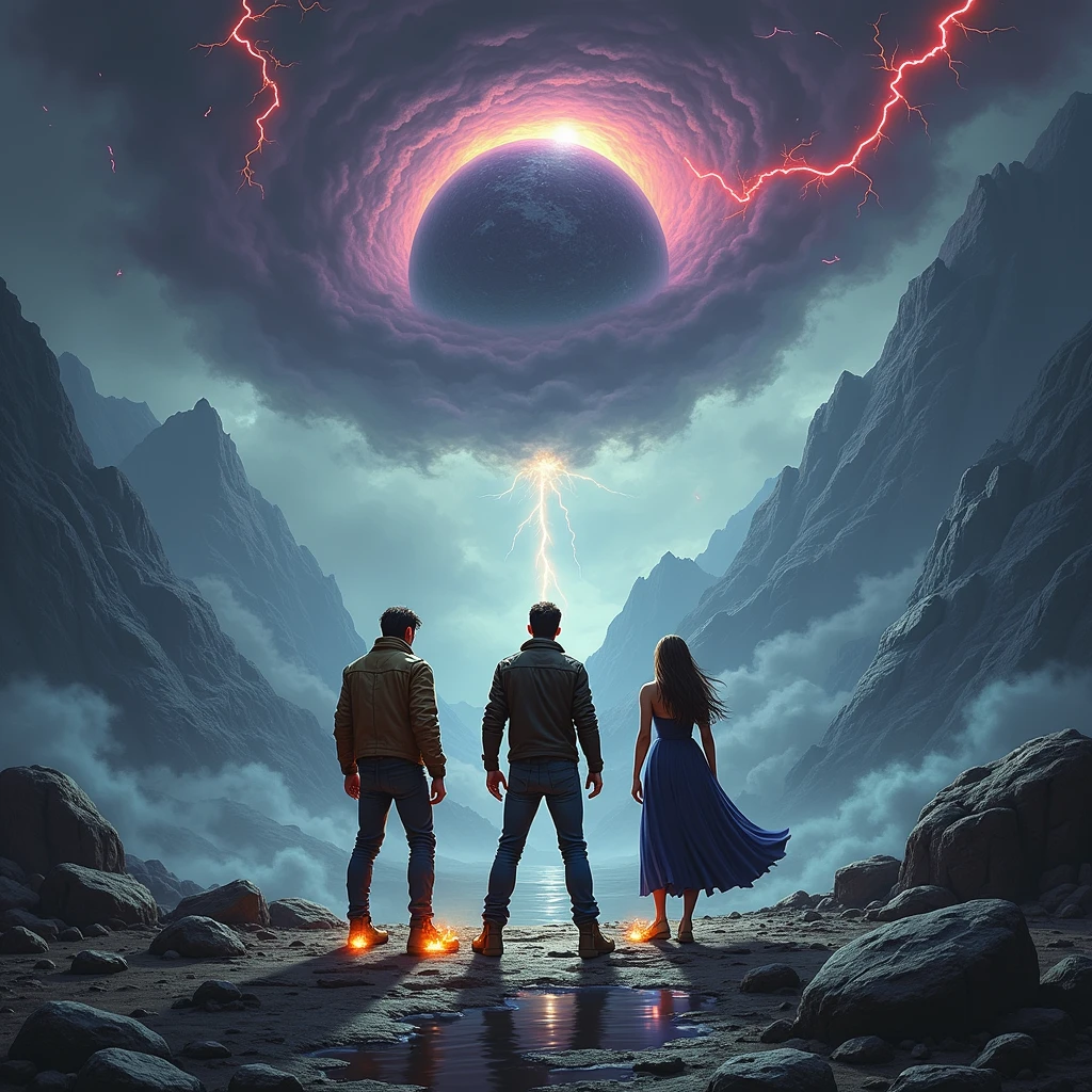 Une boule noire et violette tournoyante dans le ciel, avec un éclair rouge qui en sort. La boule n'est pas grosse puisqu'elle se situe loin des personnes.
Il y a trois personnes : two men from behind and a woman from behind too.
The larger of the two is in the center, avec une veste en cuir usée couleur marron. Il a le pied sur un rocher.
The other man is on his left and is a little shorter.. He has long hair and a long jacket that catches fire at the ends., et il a des flammes au bout des mains. La fille à droite porte une longue robe bleue.. She is blonde and has nice curves. She walks in a puddle. 
Un seul éclair est rouge et immense en face d'eux.
Il n'y a pas de planète qui volent. They are located in the hollow of a mountain, where it is dark, simply lit by lightning. The purple and black ball in the sky is not big. Il y a des éclairs autour. The view is from a little higher up. Les trois personnes ont entre 25 et 30 ans. The middle boy is muscular. The woman has a long blue dress, as in Greek times. The outfits are futuristic, Classes, with a Greek mythological style. The sky is red and purple.