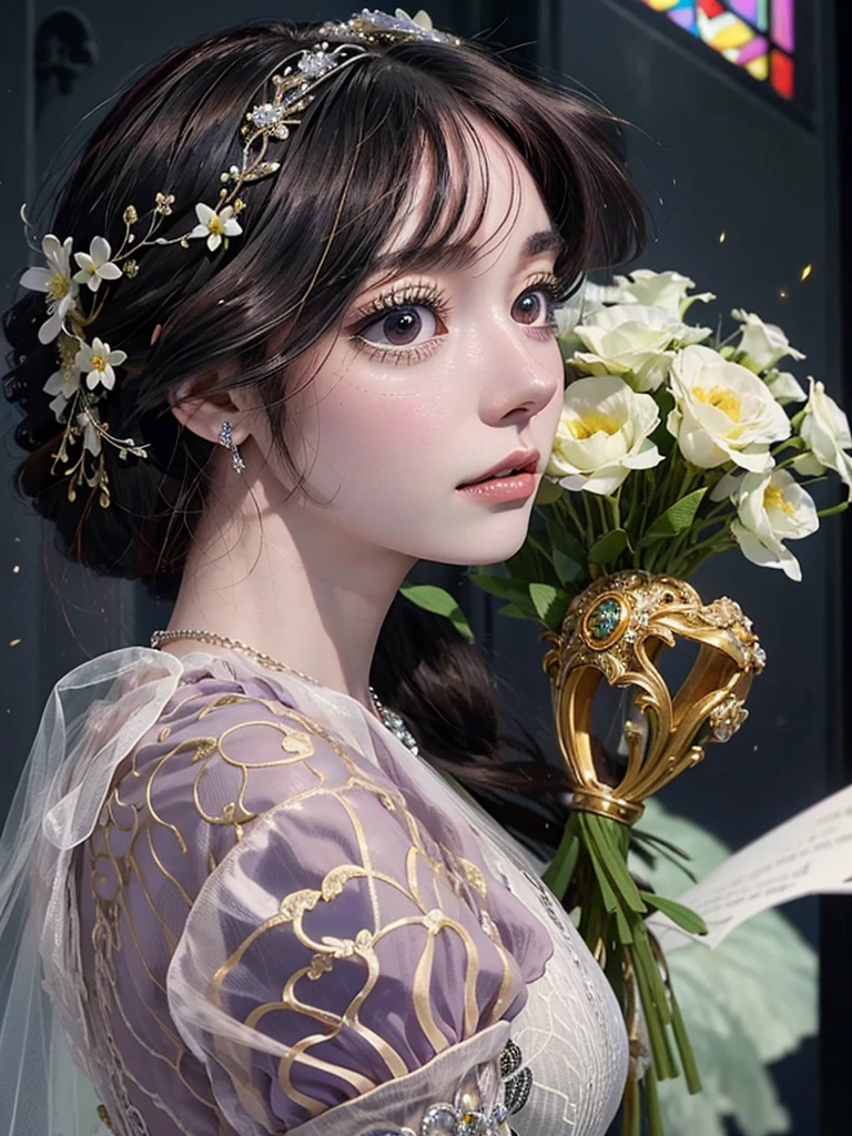 Beautiful black hair woman is shown to have a sexy figure. She is wearing a beautiful detailed wedding dress , jewelry, holding a bouquet of flowers, she has purple eyes, Girl standing in a church aisle, sexy session, front facing viewer, cowboy shot, superior quality, many details, realistic