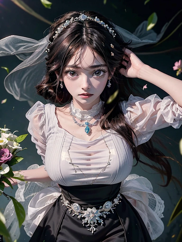 Beautiful black hair woman is shown to have a sexy figure. She is wearing a beautiful detailed wedding dress , jewelry, holding a bouquet of flowers, she has purple eyes, Girl standing in a church aisle, sexy session, front facing viewer, cowboy shot, superior quality, many details, realistic