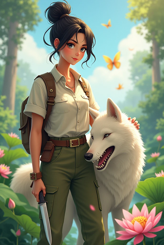 She is a girl who likes nature, she likes free style and aesthetics. She style is fierce. She symbolizes a woman with a high IQ and of course she is beautiful, with black eyes . Make it in animated form There is always a lotus flower that she likes. And he likes butterflies. He likes it in the house. Dress like an adventurer. Wearing an cream colored shirt , cargo pants Cream colored and adventure Knife in hand And hair in a bun. Ada serigala sangat menyeramkan gigi bertaring dan bulu berwarna putih di bawah tangan sedang di belai
