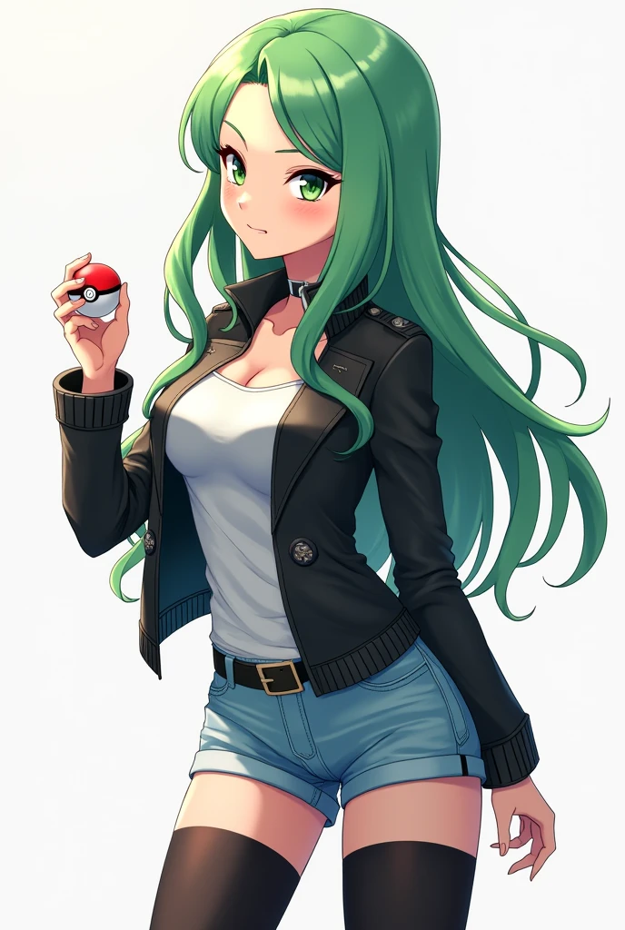 A beautiful woman wearing denim shorts with black stockings, With a long-sleeved shirt and a short leather jacket, he has long green hair and his eyes are squinty., hold a pokeball, anime style