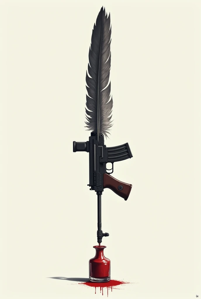 Une plume d'oiseau se prolongeant par une kalashnikov à la verticale, canon vers le bas avec à côté un encrier remplit de sang et du sang sous le canon.