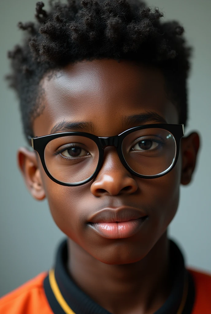 young dark skinned , small head, big mouth, perfect nose, small eyes, shaped eyebrows, Oval face, , medium ears, small lips, superman hairstyle, a lot of forehead, you wear big glasses,