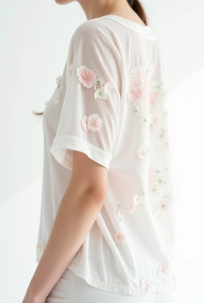 White T-shirt with soft and fluffy floral patterns for women, on a white background