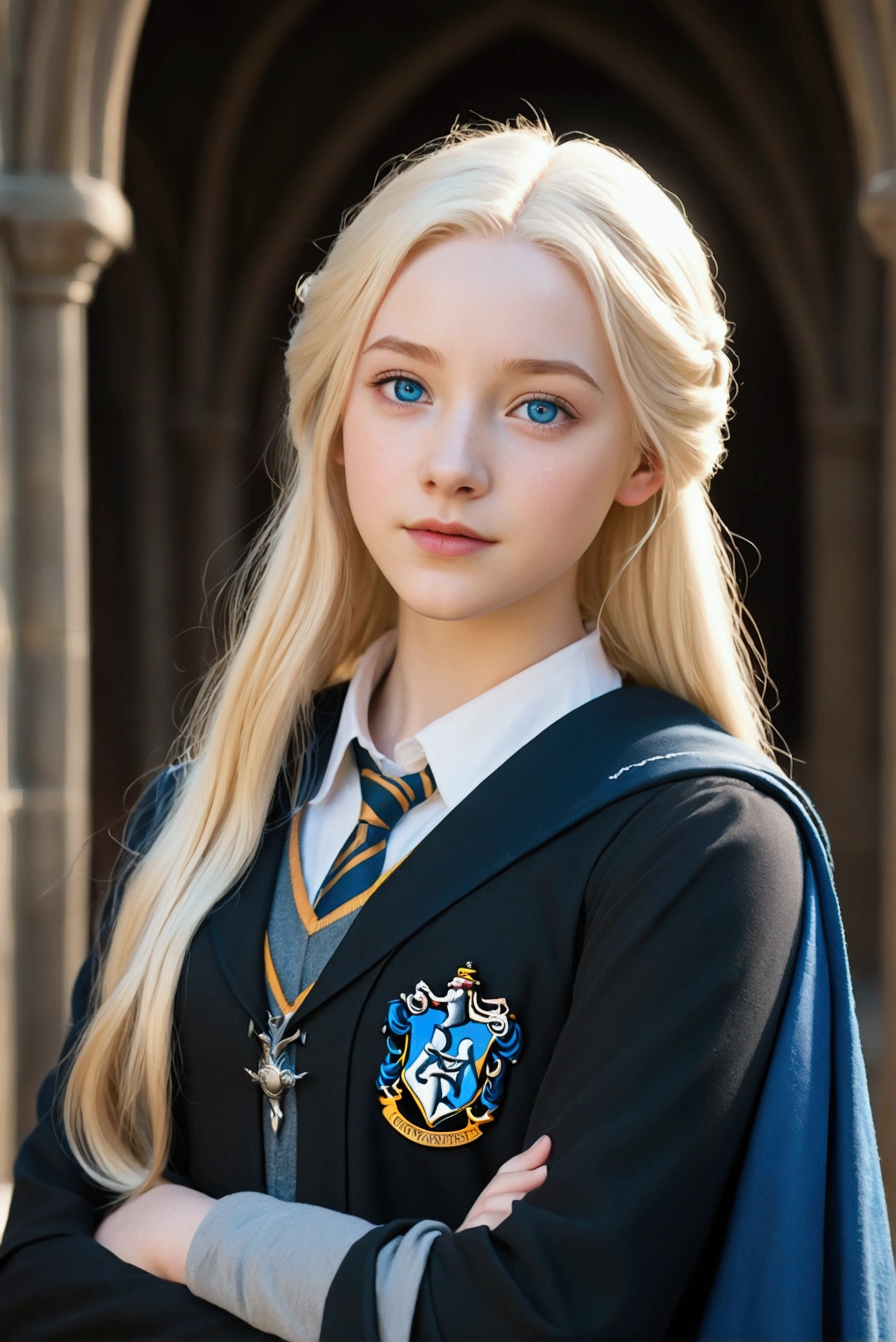 Hogwarts student, girl white skin, bright blonde hair. She has sea blue eyes and is a Ravenclaw in Hogwarts