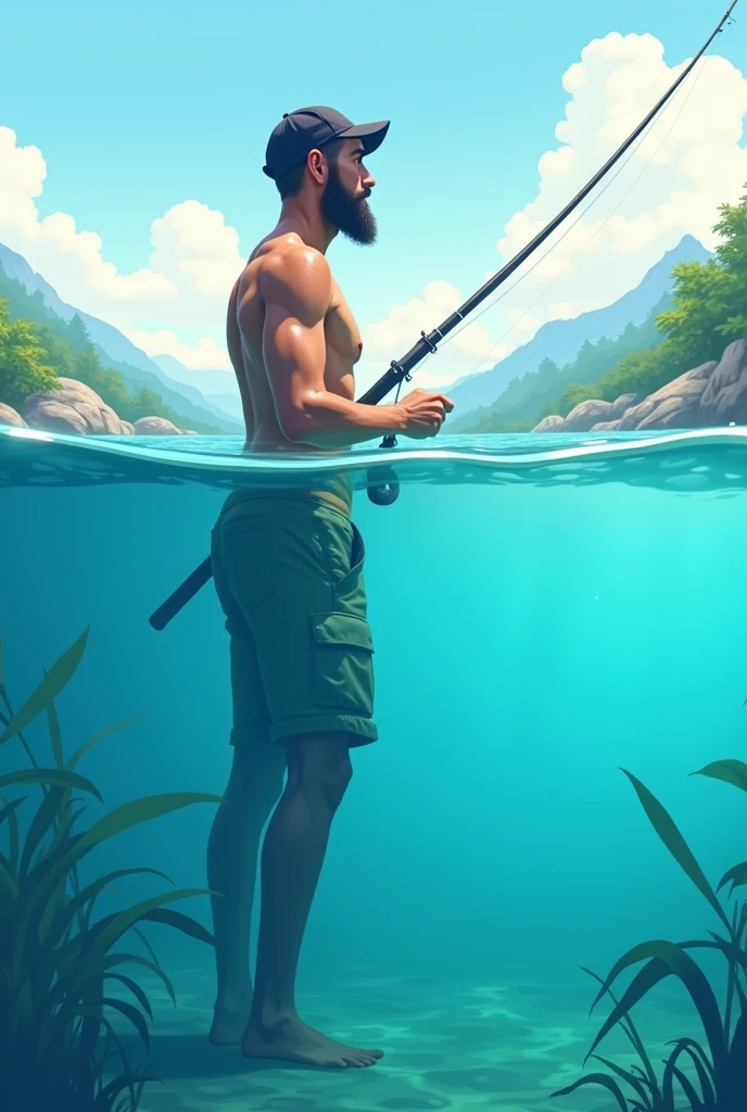 A fisherman clipart without clothes half way in the water,  stands in water and water is to his chest, and fishing. The fisherman stands 90 degree on teh side and non facing  to camera. The water is very clear can see everything. The water is higy to his chest. His shoulder is under the water.