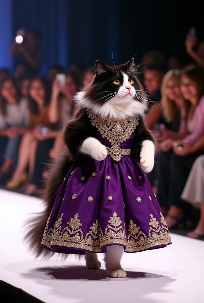 A fluffy black and white cat confidently walks down a runway on two legs in a royal purple lehenga, matched with gold jewelry. The crowd is all smiles, capturing the cat's fashion-forward look with their cameras."