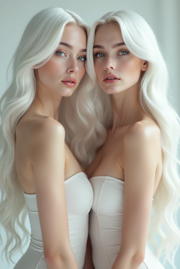((Highest quality, 8K, masterpiece:1.3)), concentrated:1.2, Beautiful woman with perfect figure:1.4, Stick your butt out:1.2, ((Cut your hair in layers:1.2)), (Medium sized breasts),(Bandeau dress:1.5), Highly detailed face and skin texture, Detailed eyes, double eyelid，Whitening the skin，Long white hair,(Keep your mouth shut:1.3)，smile, portrait photos,
(((cloned face)))
(((similar identical twins)))
All the girls have the exact same face, The two have the same face and figure, as if they were mirror images
