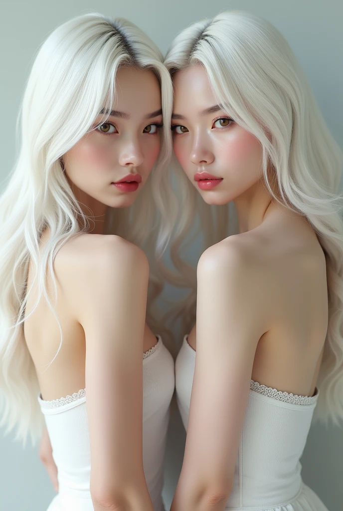 ((Highest quality, 8K, masterpiece:1.3)), concentrated:1.2, Beautiful woman with perfect figure:1.4, Stick your butt out:1.2, ((Cut your hair in layers:1.2)), (Medium sized breasts),(Bandeau dress:1.5), Highly detailed face and skin texture, Detailed eyes, double eyelid，Whitening the skin，Long white hair,(Keep your mouth shut:1.3)，smile, portrait photos,
(((cloned face)))
(((similar identical twins)))
All the girls have the exact same face, The two have the same face and figure, as if they were mirror images
