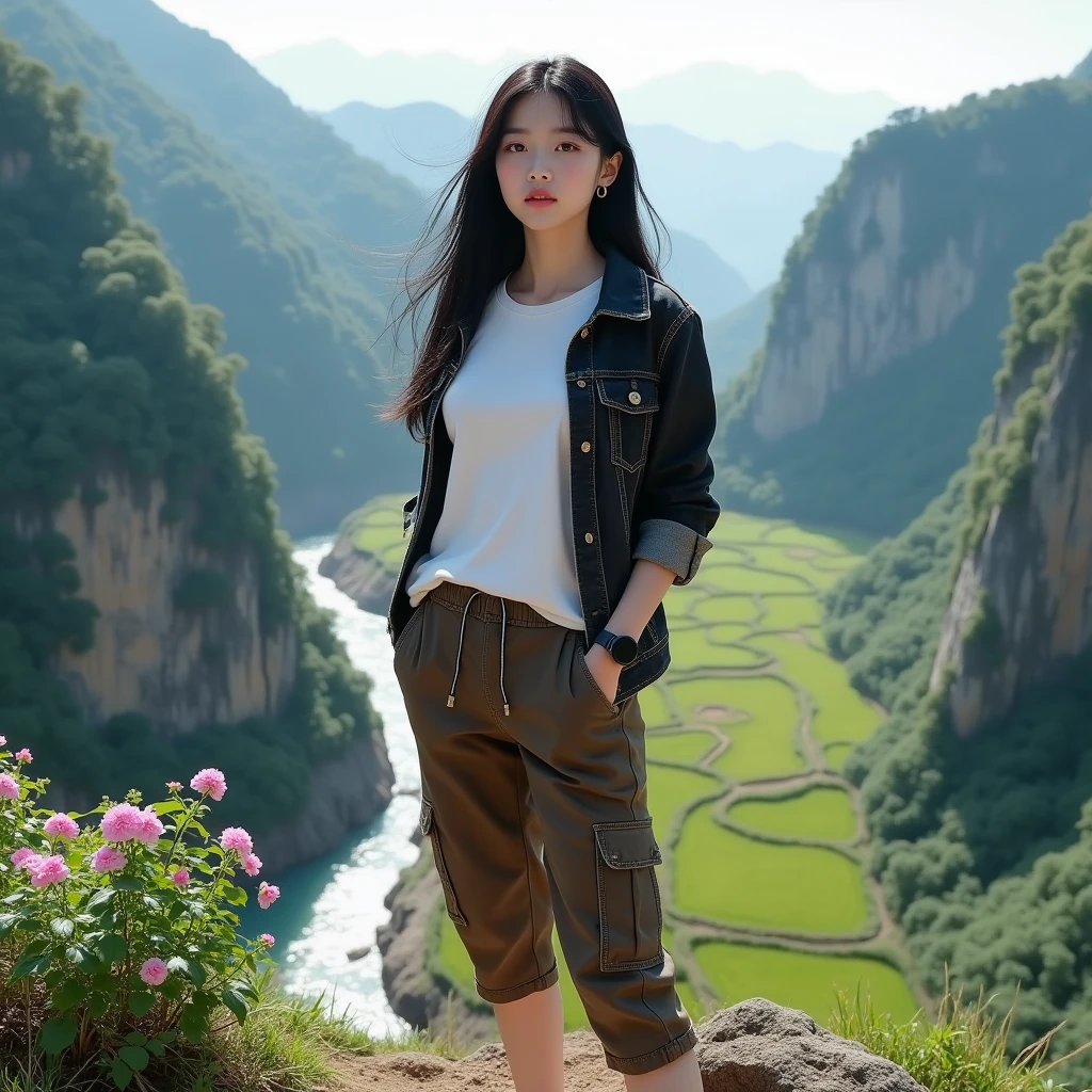 Photorealistic, Beautiful Korean girl, smooth white skin, well-groomed face, long black hair. Dark brown jeans jacket, white t-shirt, knee-length brown cargo pants, cool black watch, posing, on top of a very high mountain, in the background, visible from above is a river. flowing fast from the waterfall.. Trees, green and spacious rice fields, cliffs covered with moss and beautiful flowers, original photos,