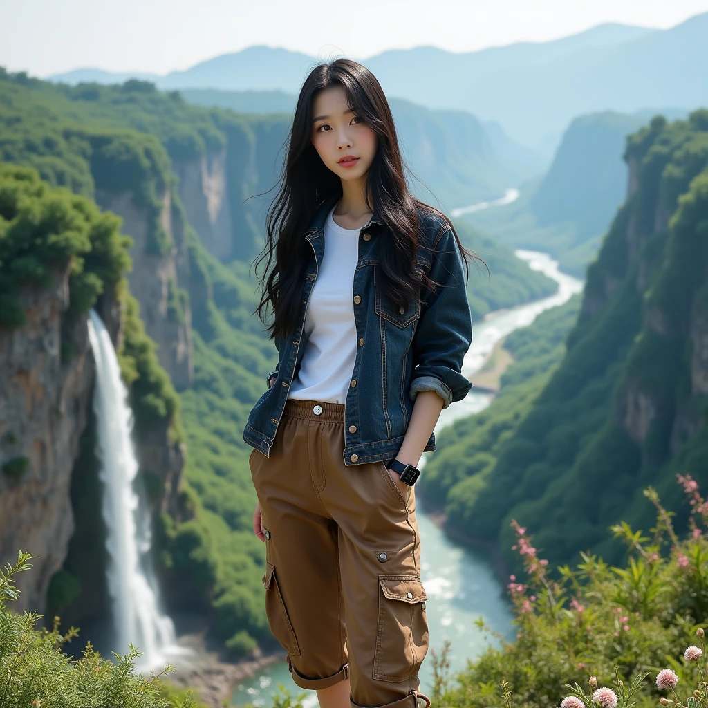 Photorealistic, Beautiful Korean girl, smooth white skin, well-groomed face, long black hair. Dark brown jeans jacket, white t-shirt, knee-length brown cargo pants, cool black watch, posing, on top of a very high mountain, in the background, visible from above is a river. flowing fast from the waterfall.. Trees, green and spacious rice fields, cliffs covered with moss and beautiful flowers, original photos,