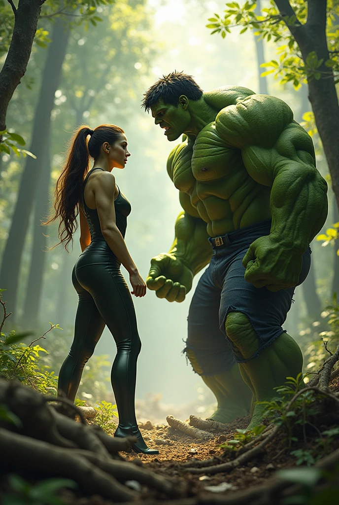 Imagine Female Hulk with Male Hulk in Side Forest, Wide Angle View,