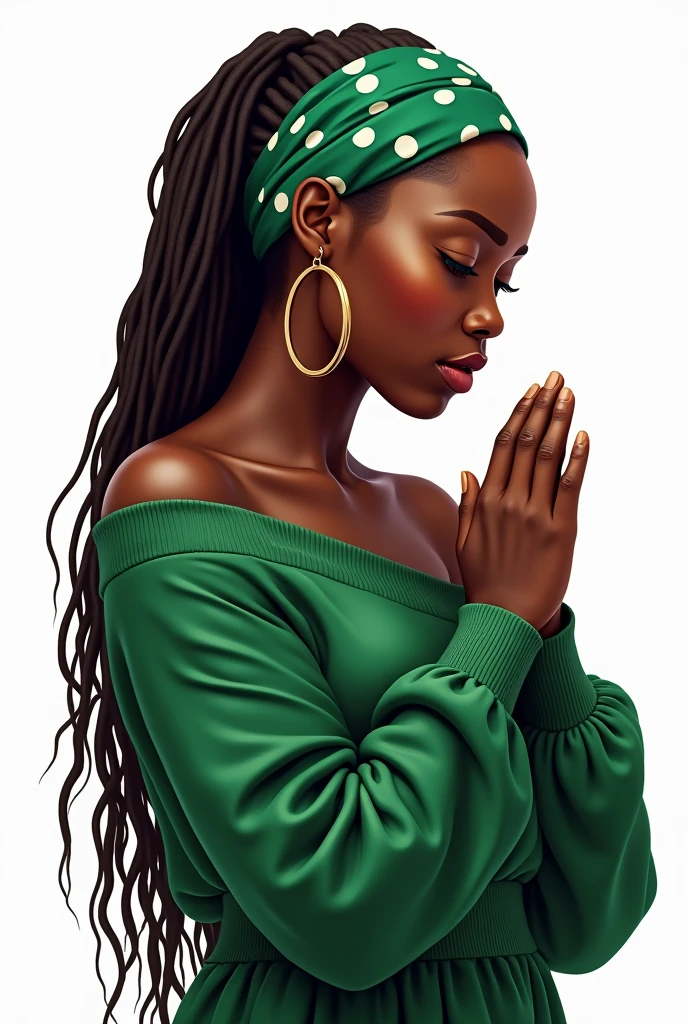 A glossy, ultra-realistic digital airbrush illustration with 3D high- resolution studio lighting and pop art style of a beautiful dark chocolate-skinned African American woman praying with her head bowed down and her hands together in front of her. She has long locs adorned with a green and white polka dot headband, wearing an oversized green off-one-shoulder long sleeve sweater. She is adorned with oversized thin gold hoop earrings. The background is pure white, emphasizing her serene expression and sophisticated presence.