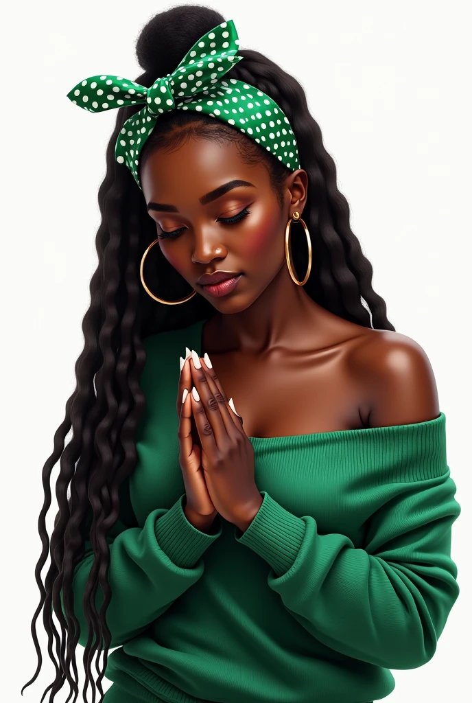 A glossy, ultra-realistic digital airbrush illustration with 3D high- resolution studio lighting and pop art style of a beautiful dark chocolate-skinned African American woman praying with her head bowed down and her hands together in front of her. She has long locs adorned with a green and white polka dot headband, wearing an oversized green off-one-shoulder long sleeve sweater. She is adorned with oversized thin gold hoop earrings. The background is pure white, emphasizing her serene expression and sophisticated presence.