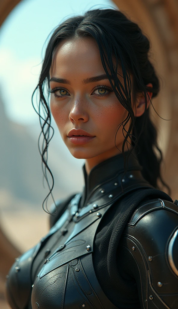 arafed image of a woman in a sci - fiction scene, android jones and chris dyer, portrait of sofia vergara, square enix cinematic art, movie promotional image, shot on imax, muspelheim, protagonist in foreground, paul atreides, imax render, evil sorceress, ellora, imax