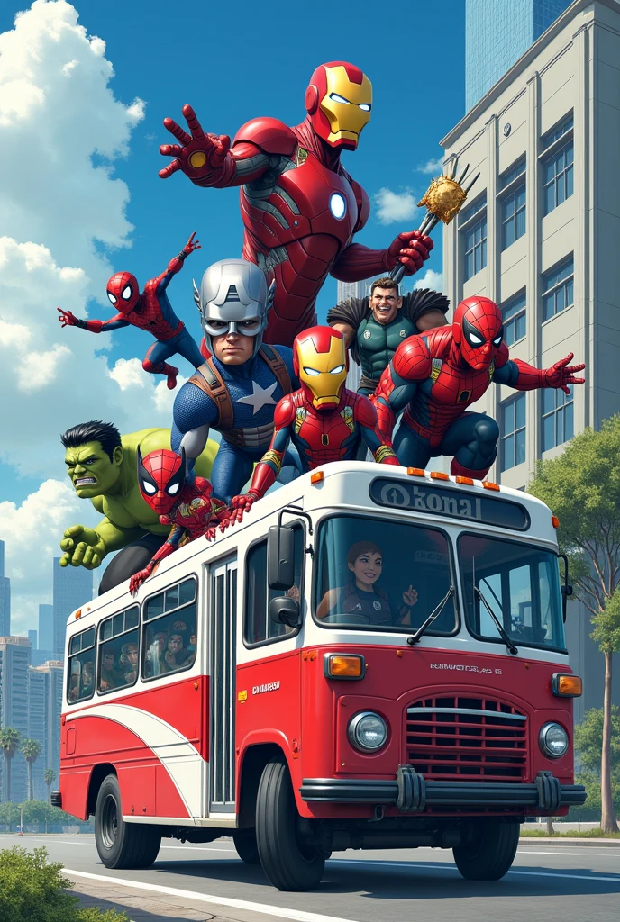 Create an image of the Avengers reimagined as a 1 dimensional cartoon. Include characters like Iron Man, Captain America, Thor, Hulk, Black Widow, spiderman, wolverine, deadpool and doctor strange. Design them with exaggerated anime-style features, such as heads 2 times larger than normal in caricature-like and dynamic poses, and sleek and detailed armor or costumes. Place some of the characters, some of whom are in the bus, on top of the bus or flying, with the background of a building that says Daihatsu, the bus has red and white colors and has Daihatsu written on it which emphasizes action and intensity. "Each character must have a unique anime-style weapon or accessory that matches their personality and strengths."