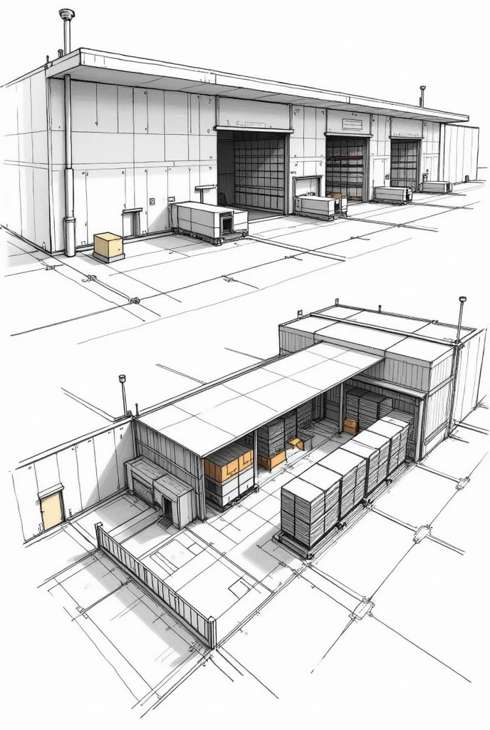 Sketch of internal and external raw materials warehouse mockup
