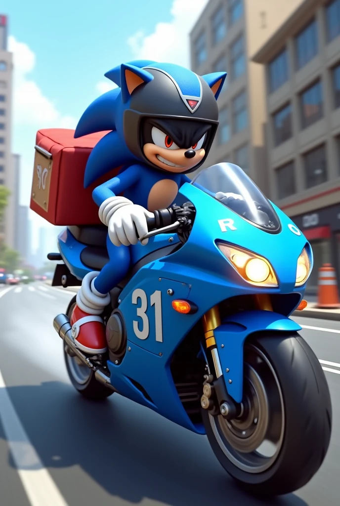 Create a png image of Sonic delivering food on a motorcycle and the number 31 can be seen on the motorcycle, and have a black motorcycle helmet with a silver visor and the motorcycle is blue and Sonic is white with red eyes


