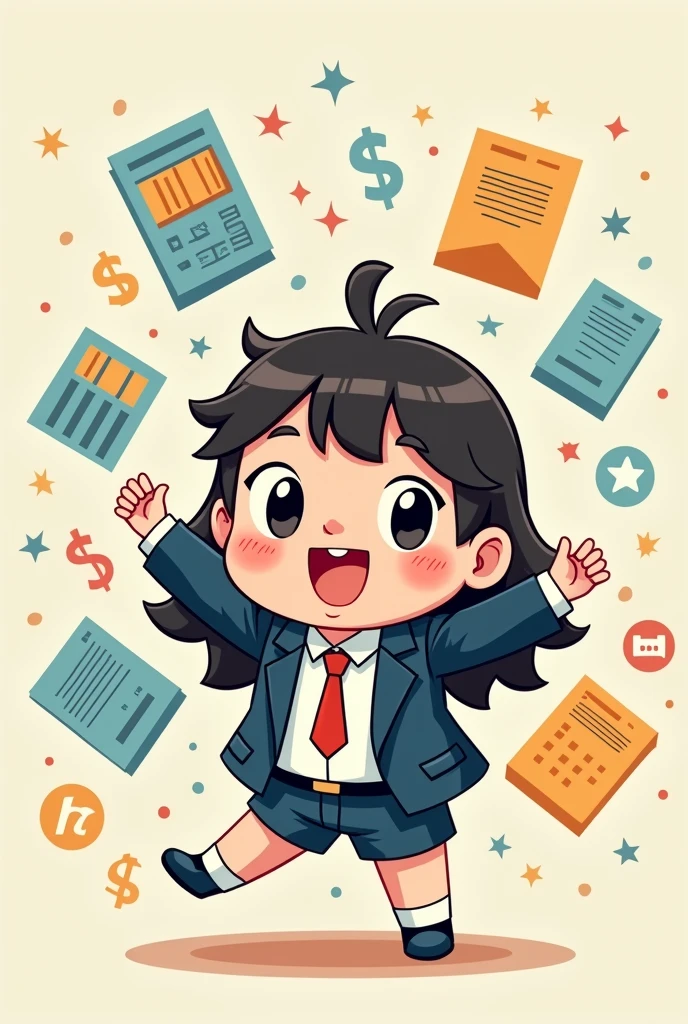 representing anime accounting, chibbi, cute as manga with small representative objects of graphic design in the air 
