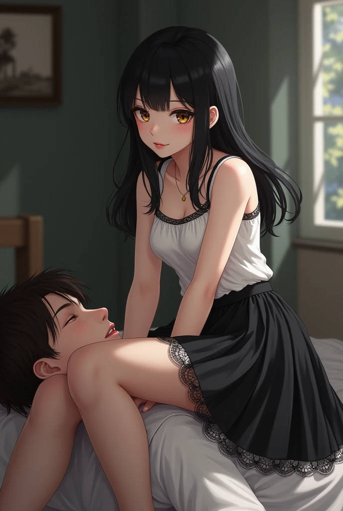 Young girl, black hair, brown eyes, European appearance, white skin, black skirt, white top, black lace stockings, sits on a man's face in a skirt