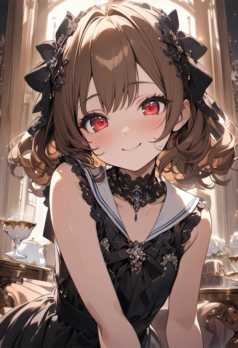 Close-up of a cute girl with long brown hair and red eyes, smiling gently. She is wearing an adorable sailor dress and is sipping tea in an opulent room. The focus is on the girl, highlighting her expression and the elegance of the setting.
best quality,masterpiece,natural lighting,super fine illustration,high resolution,(flat chest:1),amazing,kawaii,cute,cutegirl,detailed face,detailed eyes,8k,utra detailed,detailed,