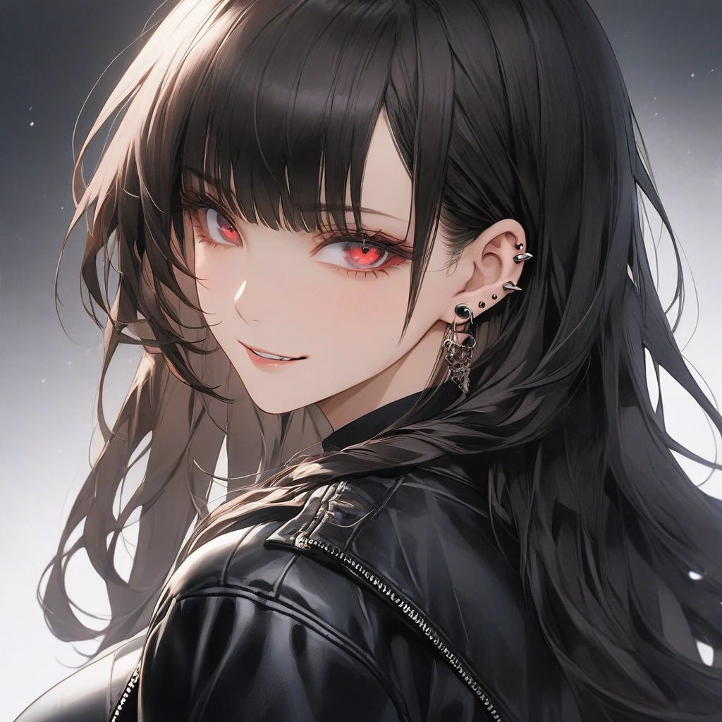high resolution, Masterpiece, Anatomically correct, precise, qualityที่ดีที่สุด, quality, 1 woman, Age 25 years ,long hair, dark hair, crimson eyes, big breasts, full bangs , Dark makeup, A cold expression simple background, Close-up , Anime style,Wearing black leather jacket, Sharp eyes ,mature woman,piercings , smirk, ไฮไลท์ผม, ผมไล่สี,