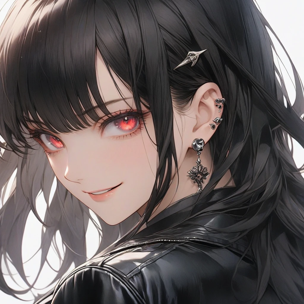 high resolution, Masterpiece, Anatomically correct, precise, qualityที่ดีที่สุด, quality, 1 woman, Age 25 years ,long hair, dark hair, crimson eyes, big breasts, full bangs , Dark makeup, A cold expression simple background, Close-up , Anime style,Wearing black leather jacket, Sharp eyes ,mature woman,piercings , smirk, ไฮไลท์ผม, ผมไล่สี,