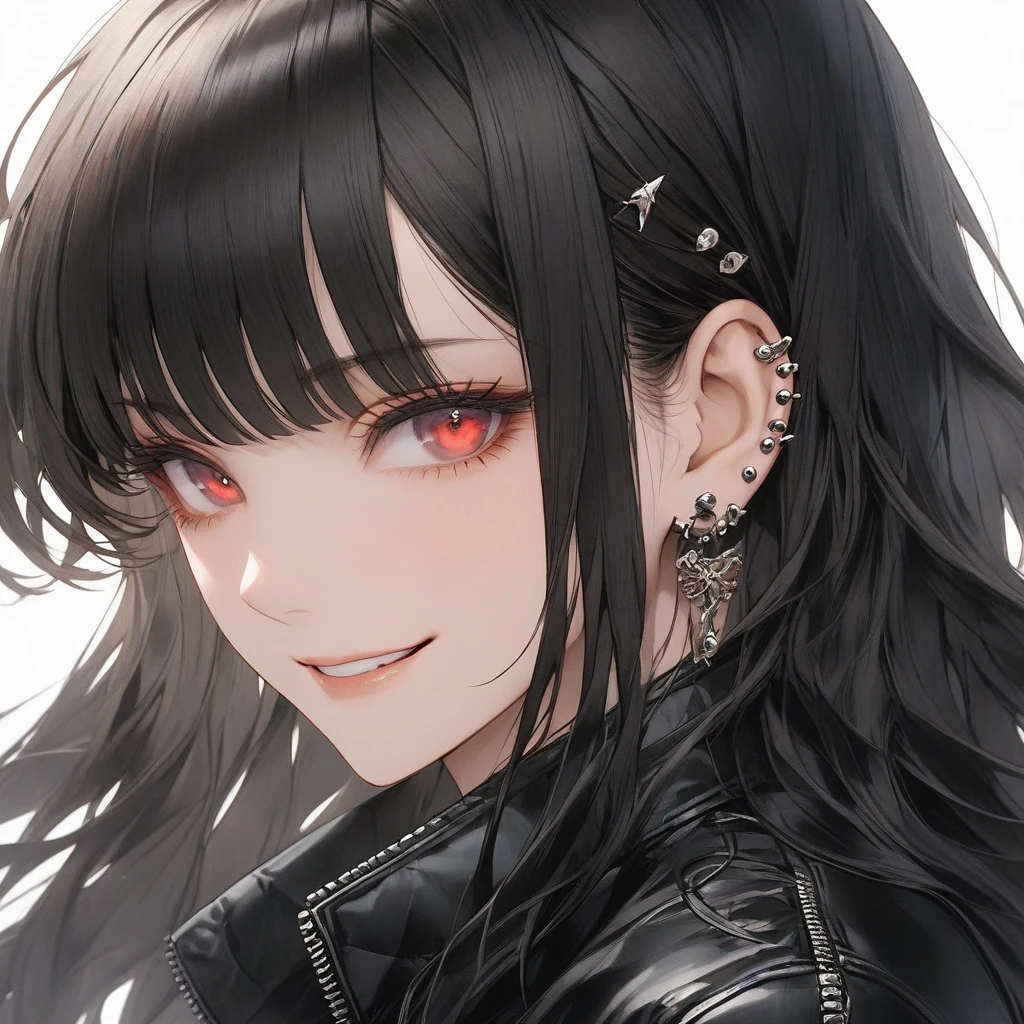 high resolution, Masterpiece, Anatomically correct, precise, qualityที่ดีที่สุด, quality, 1 woman, Age 25 years ,long hair, dark hair, crimson eyes, big breasts, full bangs , Dark makeup, A cold expression simple background, Close-up , Anime style,Wearing black leather jacket, Sharp eyes ,mature woman,piercings , smirk, ไฮไลท์ผม, ผมไล่สี,