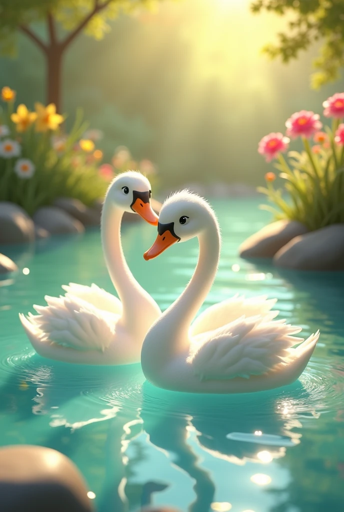 On a warm, cloudless day, one or two majestic cartoon white swans, with soft, fluffy feathers and gentle eyes, frolic and splash playfully in the crystal-clear, turquoise-hued water, surrounded by lush greenery and vibrant flowers of varying colors, such as bright yellow daffodils, delicate pink petunias, and velvety red roses. The scenery beside them is idyllic, with tall, swaying grass and a few scattered, smooth rocks along the tranquil water's edge. The atmosphere is serene, with the sun casting a warm, golden glow on the entire scene, making the flowers and grass sparkle. The image is rendered in stunning 3D, with exquisite textures and realistic lighting, presented in breathtaking 4K resolution.