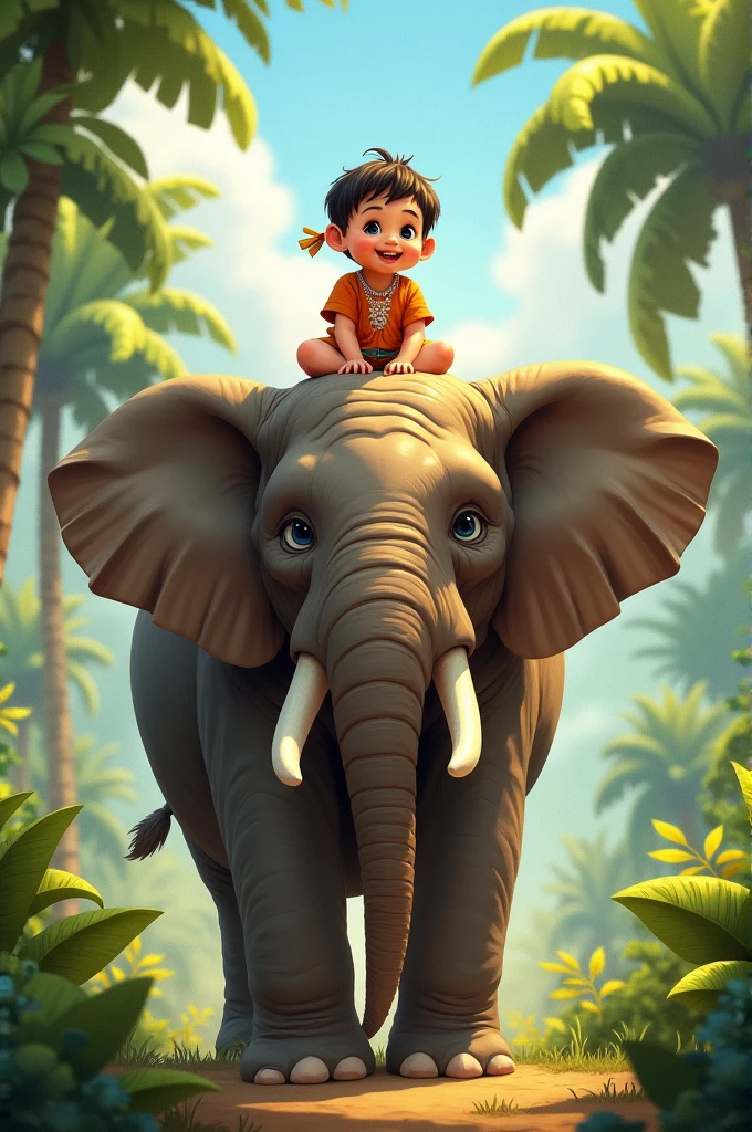 Baby riding an elephant