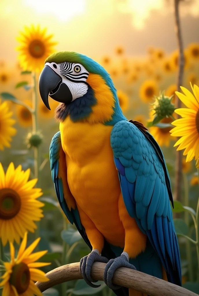 Blue-and-yellow macaw in sunflower plantation