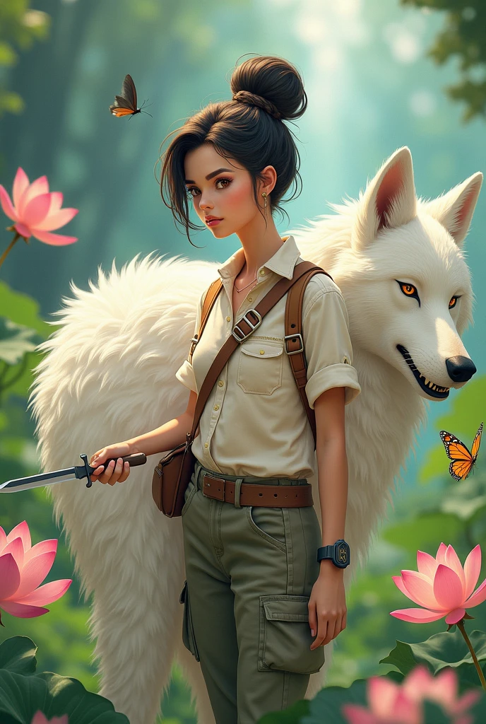 She is a girl who likes nature, she likes free style and aesthetics. She style is fierce. She symbolizes a woman with a high IQ and of course she is beautiful, with black eyes . Make it in animated form There is always a lotus flower that she likes. And he likes butterflies. He likes it in the house. Dress like an adventurer. Wearing an cream colored shirt , cargo pants Cream colored and adventure Knife in hand And hair in a bun. Ada serigala sangat menyeramkan gigi bertaring dan bulu berwarna putih di bawah tangan sedang di belai
