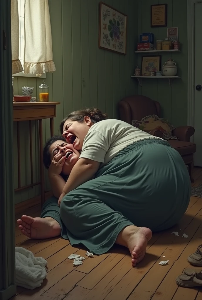 Heavyset lady on the floor of the house crying lying down 