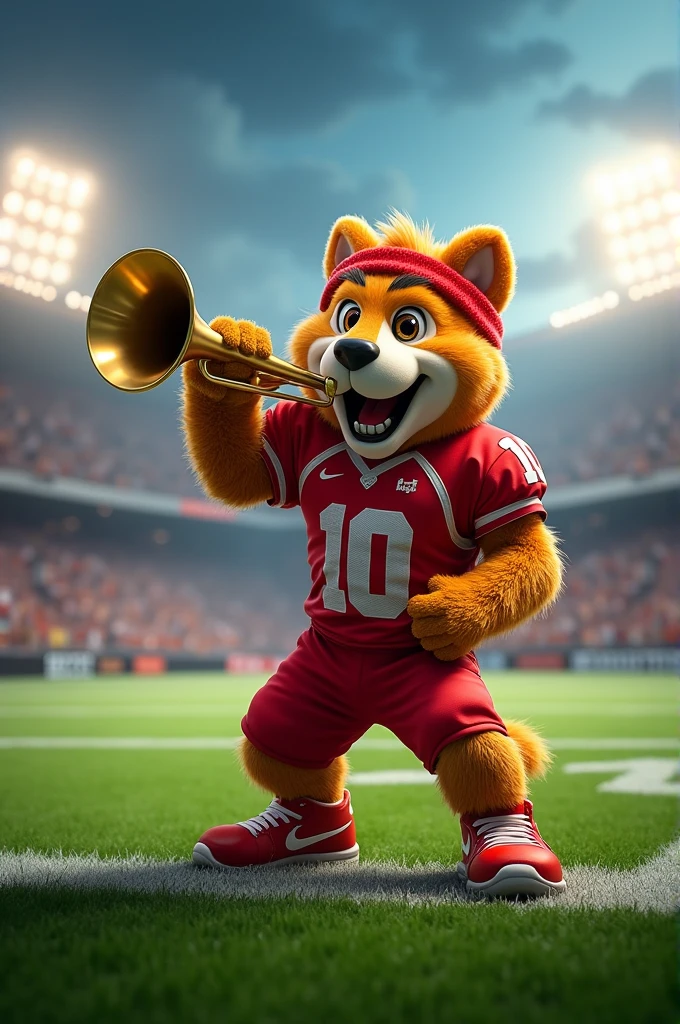 A football mascot with a trumpet in his hand