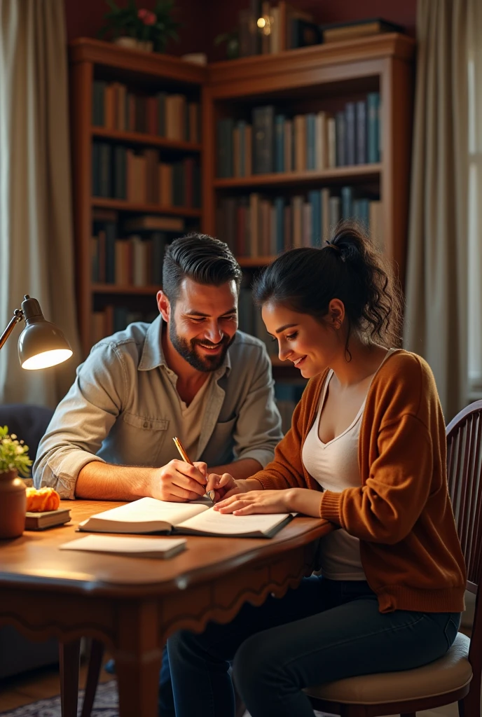 um casal, happy, Tall thin man, chubby woman, writing a book together in your home library. PICTURE REALISTIC.