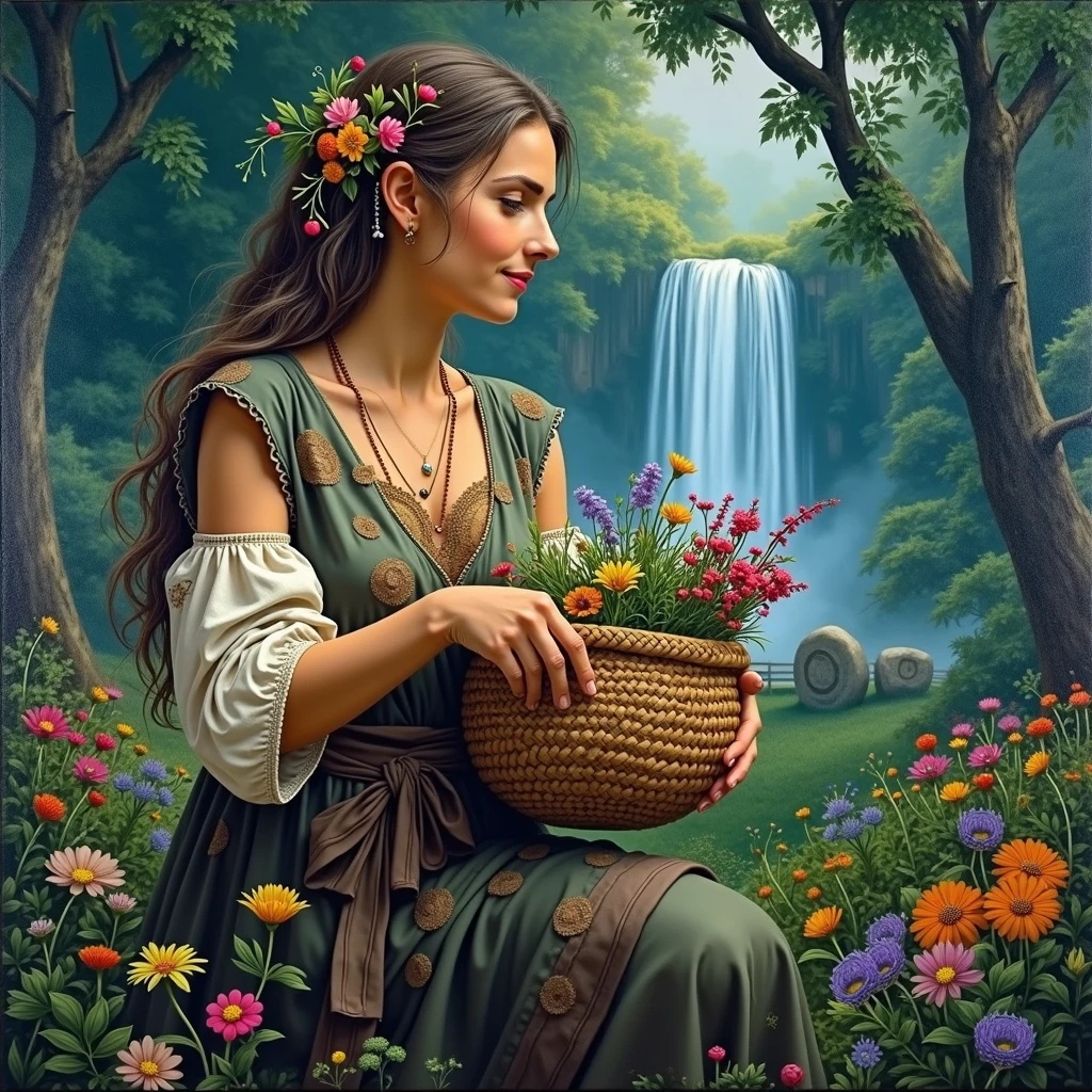 beautiful Neolithic woman from Ancient Europe with an expression of wonder and delight, gathering floral herbs and spices and collected in their Neolithic basket from their growing place in the beautiful, mesmerizing and peaceful forest, oil on canvas, Insanely detailed and intricate, realistic masterpiece painting with vibrant and dreamy colors, and an elaborate dress adorned with wildflowers and intricate leaf patterns, with hair adorned with small twigs and vibrant colored flowers and gemstone beads, with a distant waterfall and enigmatic circular stones in the background