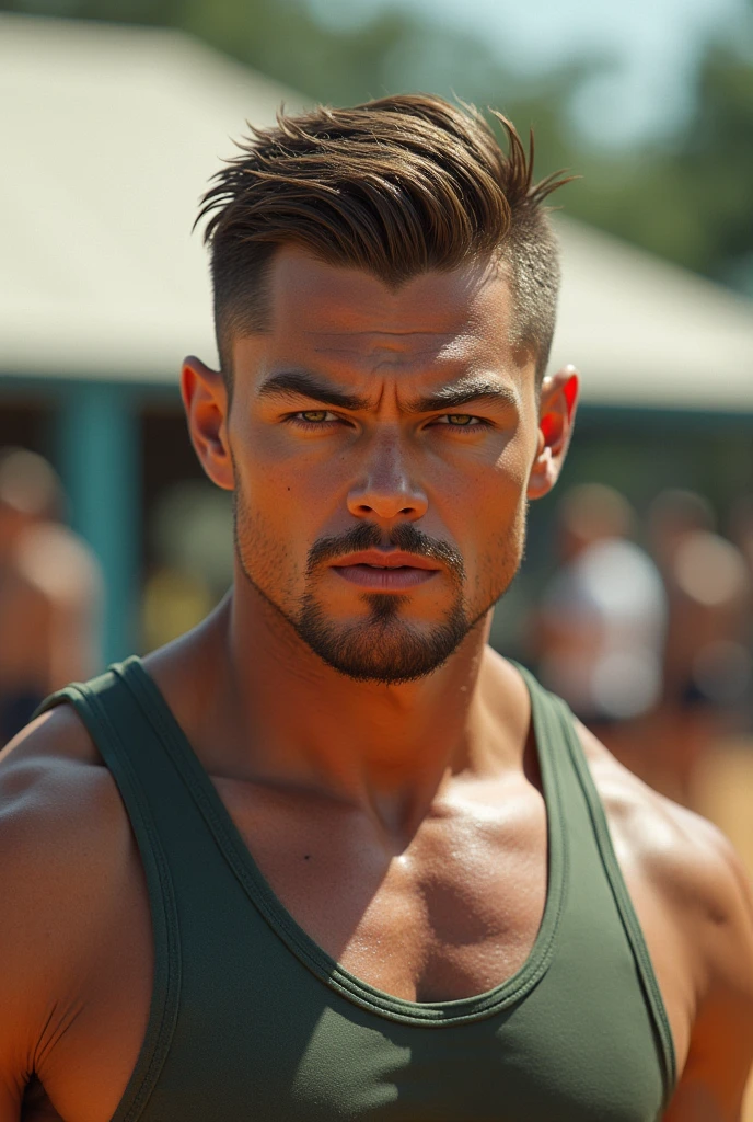 Tall man with a Leonardo DiCaprio face, military cut, light brown hair and who plays volleyball