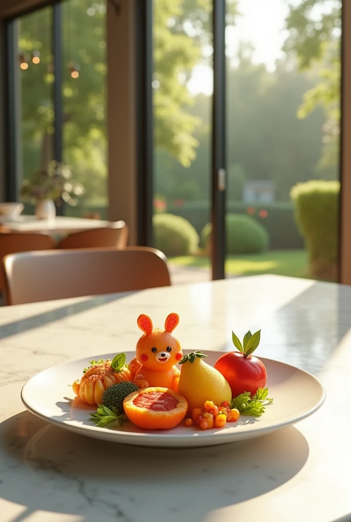 Interior shot of a dining room in a modern house with a family atmosphere and zoom in on a plate with colorful children's food resting on a white granite table, sunny weather through the windows of the house with a garden area in the background, Full HD , 3d, 4K, ultra realistic, ultra detaild, hyper- realism, Hyper perfectionist, Ultra magnificent, highly extraordinary, rigidly sensational, ultra sublime, hyper exquisite, Ultra Deep, hyper accurate, highly accurate, very complete, extremely particularized, rich in exclusivity , hiperpragmático, abundant in common sense, best quality --auto --s2