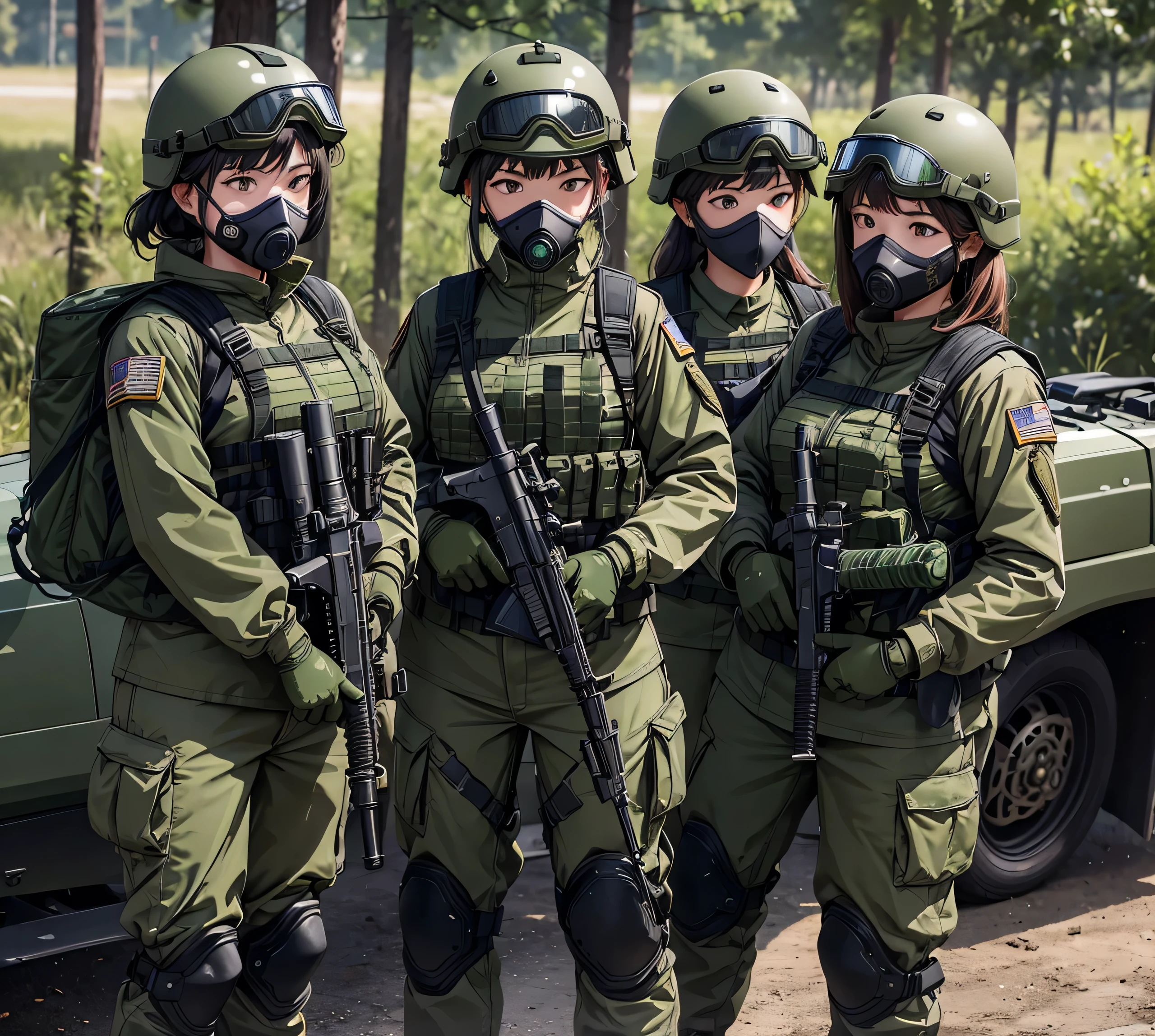 Four female special forces soldiers wearing dark green M-51 military uniforms stand side by side、Put on a helmet、Wear goggles、wearing gas masks、Individual equipment set、Knee pads、dusk、Write details、masterpiece、best quality、Highly detailed CG、8K picture quality