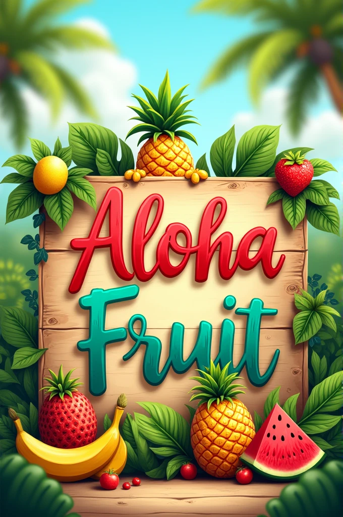 A sign that says Aloha Fresh FRUIT with an animated pineapple and watermelon