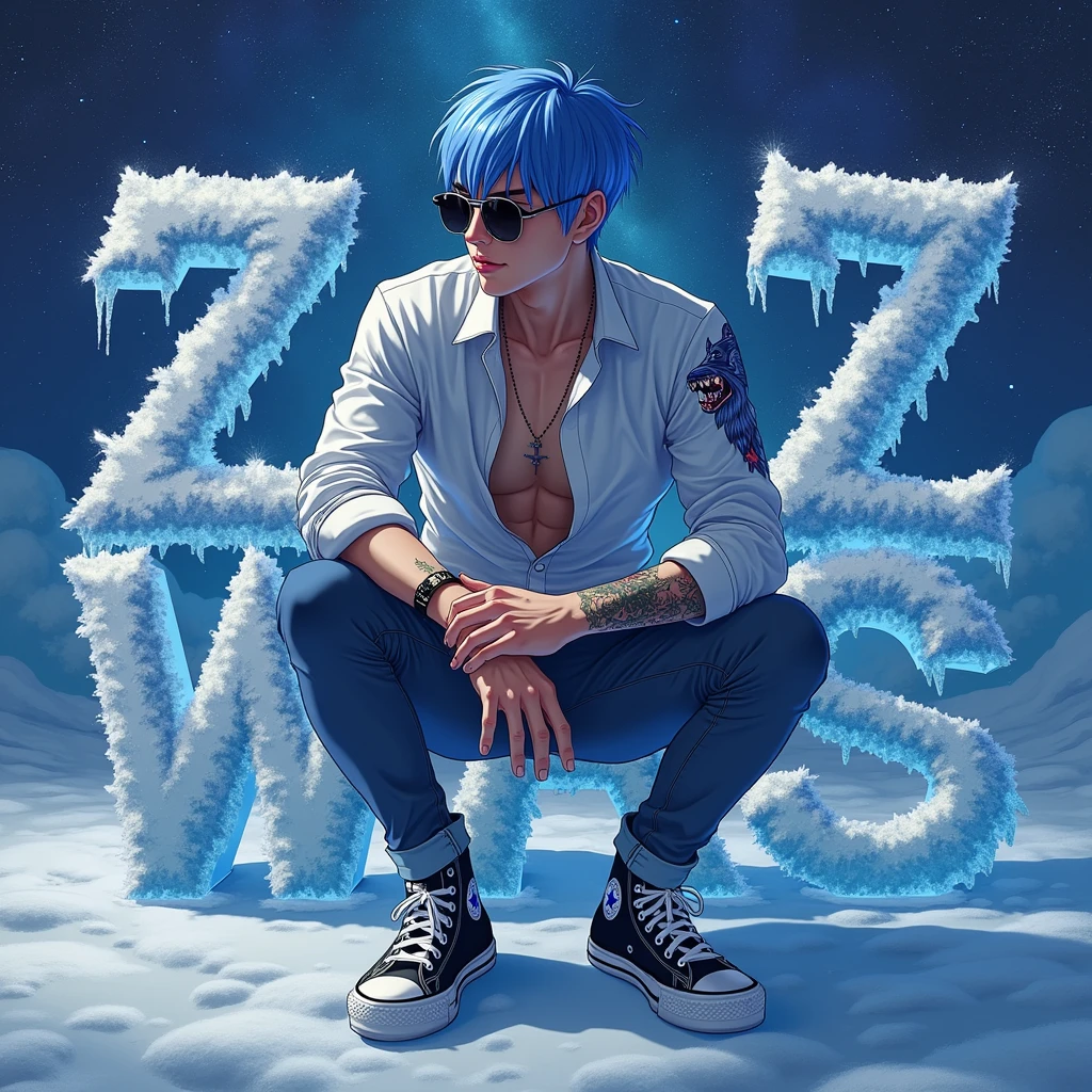 A realistic depiction of humanoid creatures in the world. Japanese anime man with bright blue stylish short hair Wear sunglasses with black chrome lenses. Long sleeve white shirt with rolled up sleeves Wolf tattoo on arm, jeans, Converse shoes
Stands holding larger than usual dynamic SNOW letters made of beautiful sparkling crystal. The backdrop is a sea of snow at night with stars twinkling in the sky. UHD 128K.