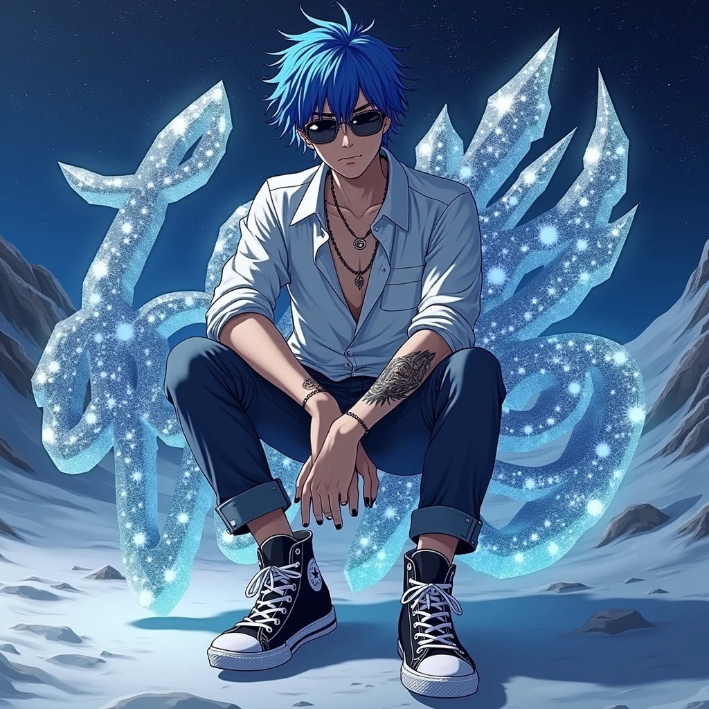 A realistic depiction of humanoid creatures in the world. Japanese anime man with bright blue stylish short hair Wear sunglasses with black chrome lenses. Long sleeve white shirt with rolled up sleeves Wolf tattoo on arm, jeans, Converse shoes
Stands holding larger than usual dynamic SNOW letters made of beautiful sparkling crystal. The backdrop is a sea of snow at night with stars twinkling in the sky. UHD 128K.