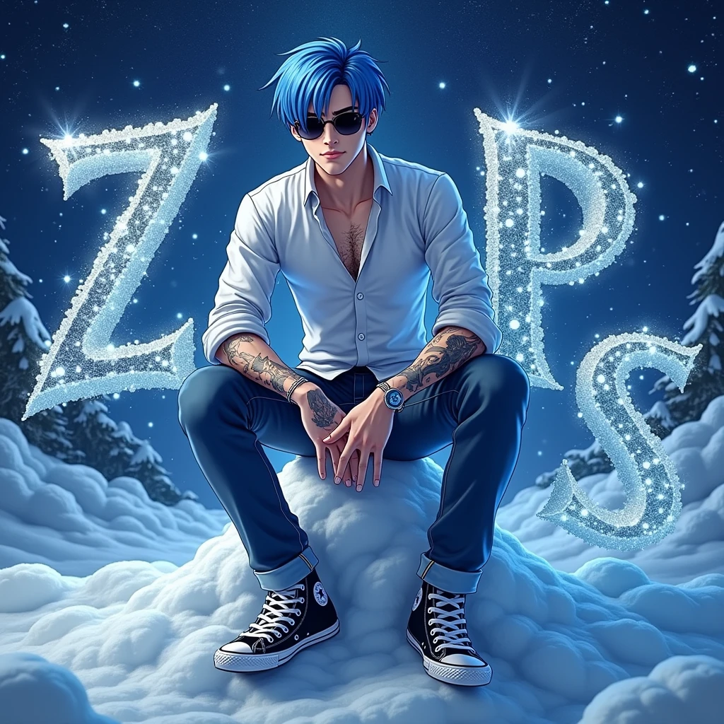 A realistic depiction of humanoid creatures in the world. Japanese anime man with bright blue stylish short hair Wear sunglasses with black chrome lenses. Long sleeve white shirt with rolled up sleeves Wolf tattoo on arm, jeans, Converse shoes
Stands holding larger than usual dynamic SNOW letters made of beautiful sparkling crystal. The backdrop is a sea of snow at night with stars twinkling in the sky. UHD 128K.