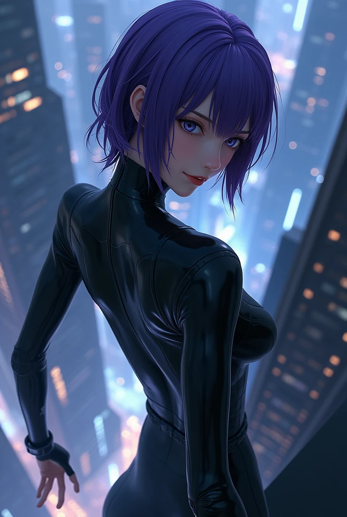 (((Ultra-high-definition Real 3D CG graphics of Kusanagi Motoko from the anime ghost in the Shell、Motoko Kusanagi)))Purple Hair, Beautifully detailed eyes and mouth, Breathtakingly detailed and realistic skin,Beautiful hair texture and shine,Motoko Kusanagiのリアルな質感と細部へのこだわり,衣装はMotoko Kusanagiの服を着ている(((She jumps off the roof of a building:1.2), (Futuristic night cityscape background) ,With her back to the building, she smiles provocatively.))).The black cyber suit is about to be enveloped in transparent optical camouflage,(Optical camouflage expressed with holographic effects:1.5).jump helplessly vertically from the roof of a building, Looking into the camera, Breathtaking 3DCG graphics.(high quality, masterpiece, 最high quality, 4K.8k.:1.5). Super detailed, Ultra-fine painting, A photo that looks like a scene from a movie, Dramatic lighting, Sharp focus, Professional Photo Resolution, 3D Rendering, Awards,ghost in the Shell、